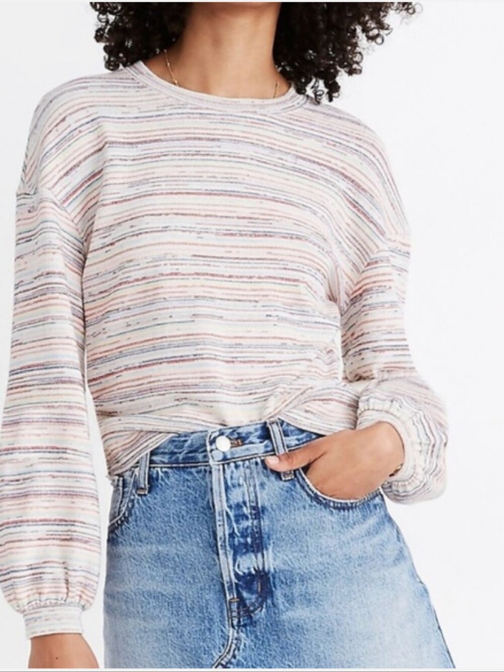 Madewell Bubble Sleeve Rainbow Striped Cropped Sweater